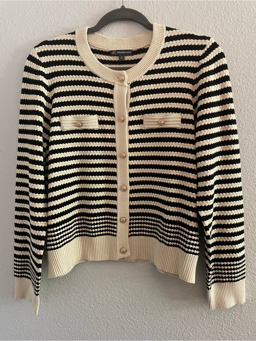 Adrianna Papell Black and Cream Striped Button-Front Cardigan